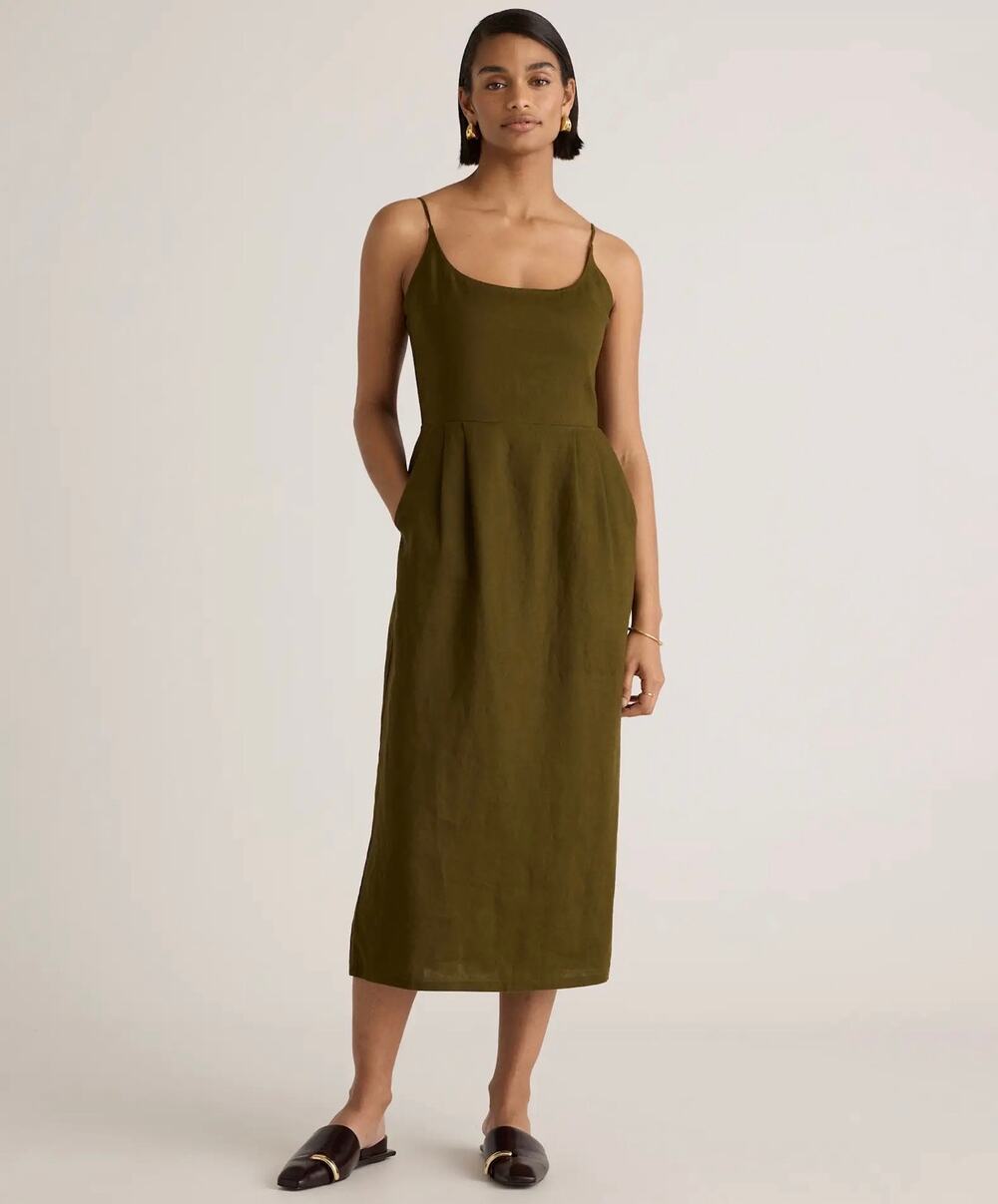 100% European Linen Scoop Neck Midi Dress Martini Olive Size S NWT